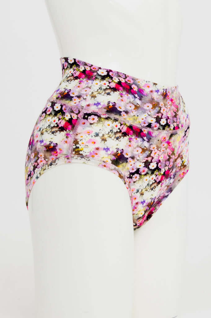 Side view of La Gaunche high-waisted floral bamboo brief on mannequin