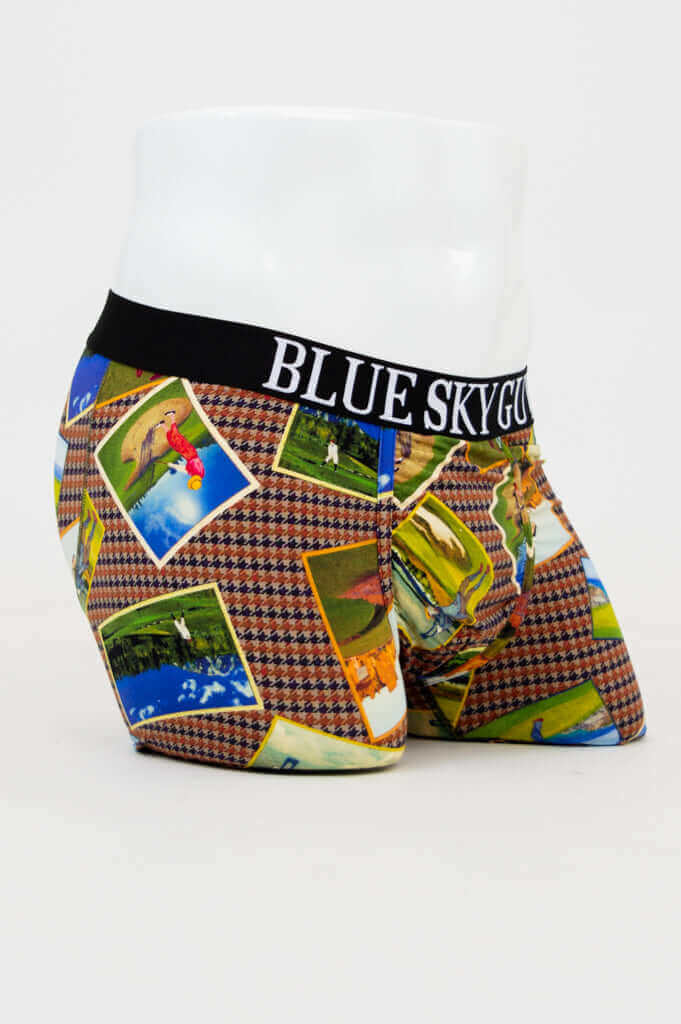 Side angle displaying Middle Man Underwear golf postcard print and waistband