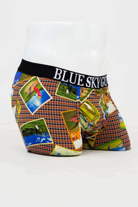 Side angle displaying Middle Man Underwear golf postcard print and waistband