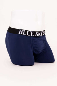 Side angle of navy bamboo boxer briefs showing support pouch and waistband