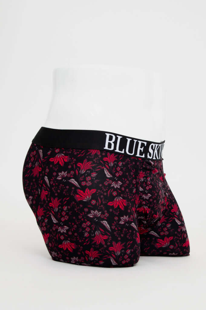 Side view of Middle Man bamboo boxer briefs showing floral print and waistband detail