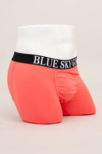 Side angle of coral men's boxer briefs with black 'BLUE SKY GUY' waistband displayed on mannequin
