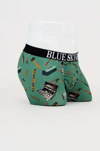 Side angle of Middle Man men's bamboo underwear with colorful tool pattern and branded waistband