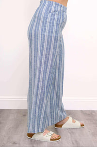 Side view of Parker Pant showing blue stripe linen-blend fabric and pocket detail