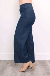 Side view of Parker wide leg tencel pants highlighting the flowing drape