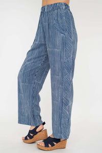 Side profile of blue striped wide-leg pants showing waistband and pockets