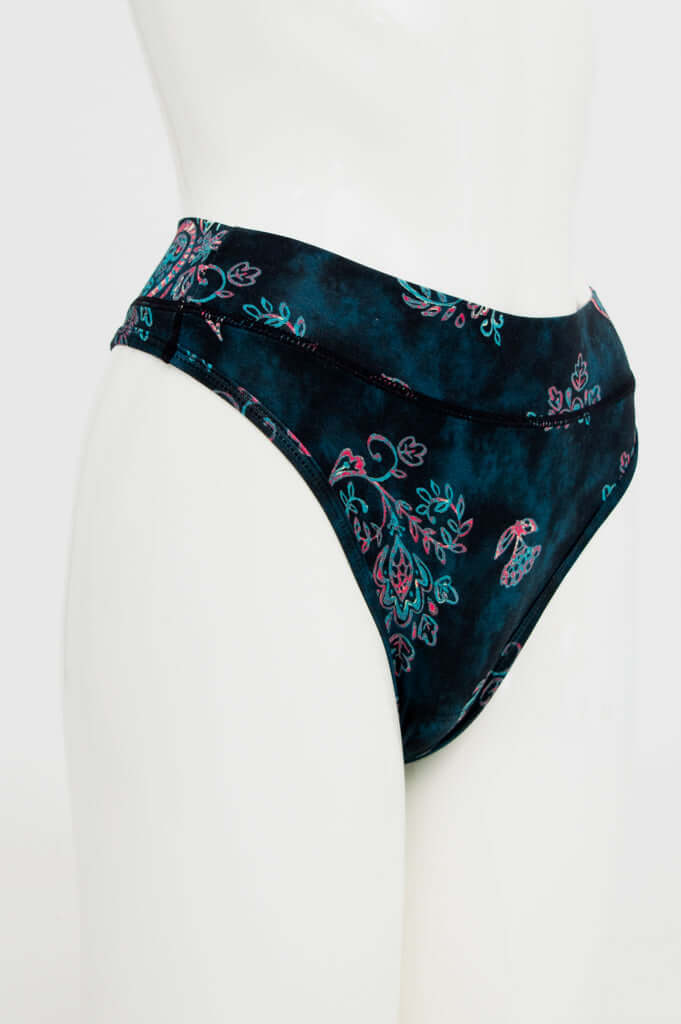Side view of bamboo high rise thong underwear with floral print on mannequin