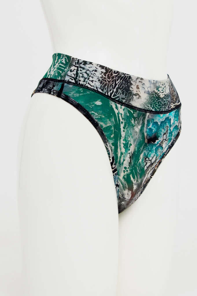 Side view of bamboo high rise thong with botanical print on mannequin