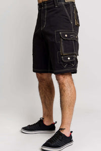Side view of black utility cargo shorts showing pockets and details