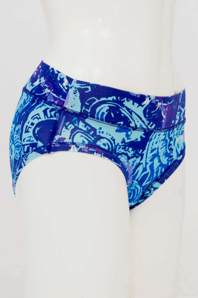 Side view of blue abstract hipster briefs displayed on mannequin