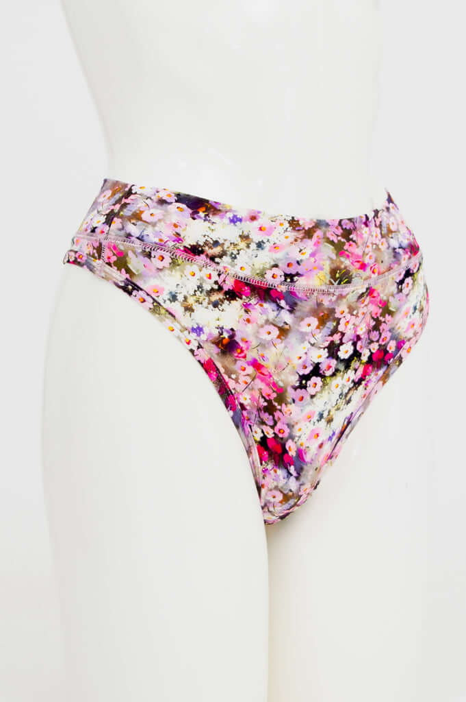 Side view of floral bamboo thong underwear showcasing fit
