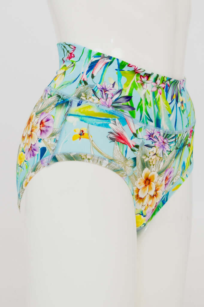 Side view of high-waist floral bamboo brief showing waistband and hem details