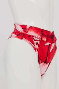 Side view of high rise red bamboo thong underwear on mannequin