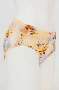 Side view of hipster bamboo brief featuring colorful songbird design