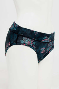 Side view of low-rise hipster brief in midnight paisley pattern on mannequin