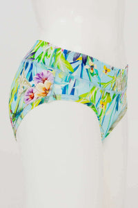 Side view of blue tropical floral hipster underwear on a mannequin
