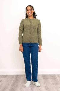 A stylish women's dark olive green long sleeve cashmere cardigan sweater on a white backdrop.