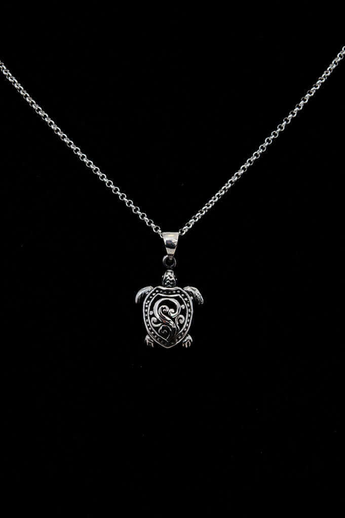 Sterling silver necklace with a finely crafted turtle pendant on a black background