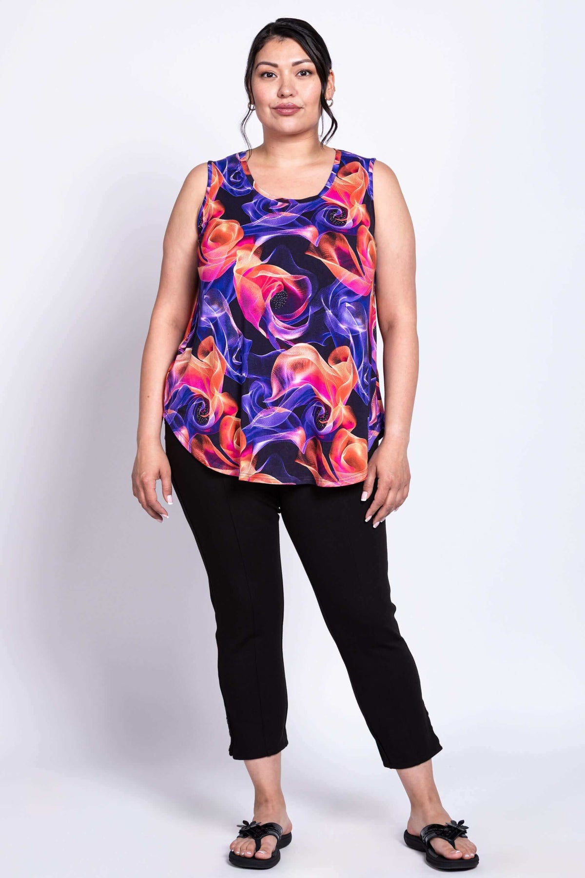 Straight-on view of model in vibrant Jazz Tank Violet Aura