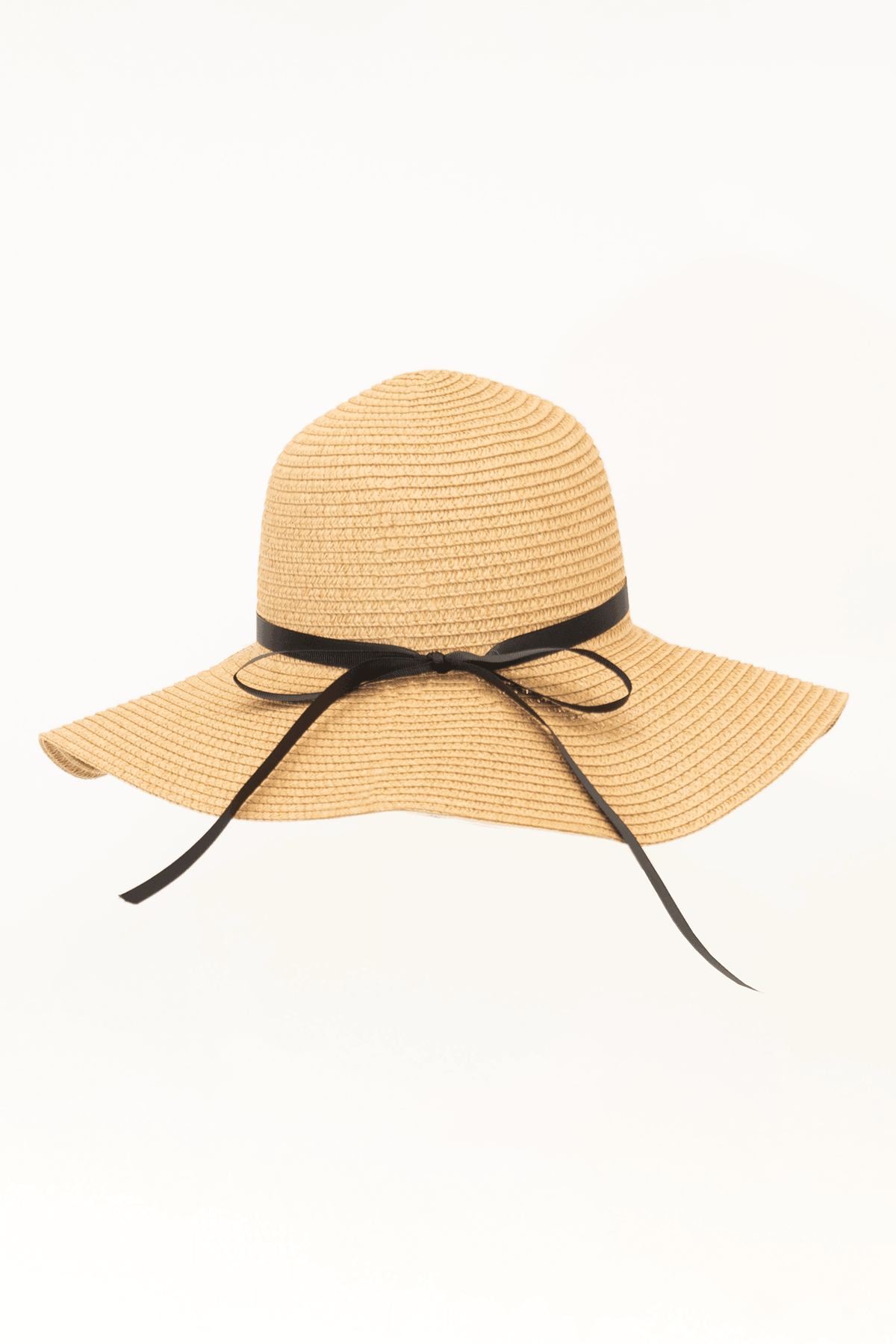 Tan sun hat with black ribbon bow, shown from the back