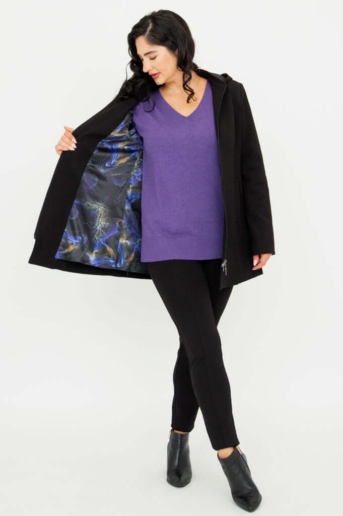 Model holding The Highlands Coat open to show printed lining