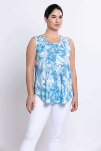 Three-quarter angle of blue watercolor sleeveless bamboo tank on model