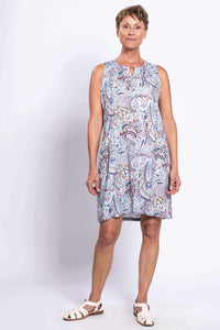 Three-quarter front view of a woman modeling a paisley patterned sleeveless shift dress