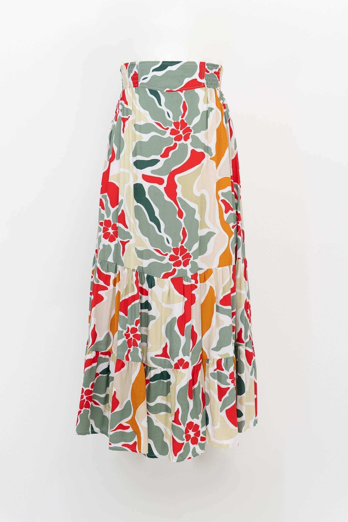 Colorful floral Tibby tiered skirt with elastic waist, shown on white background