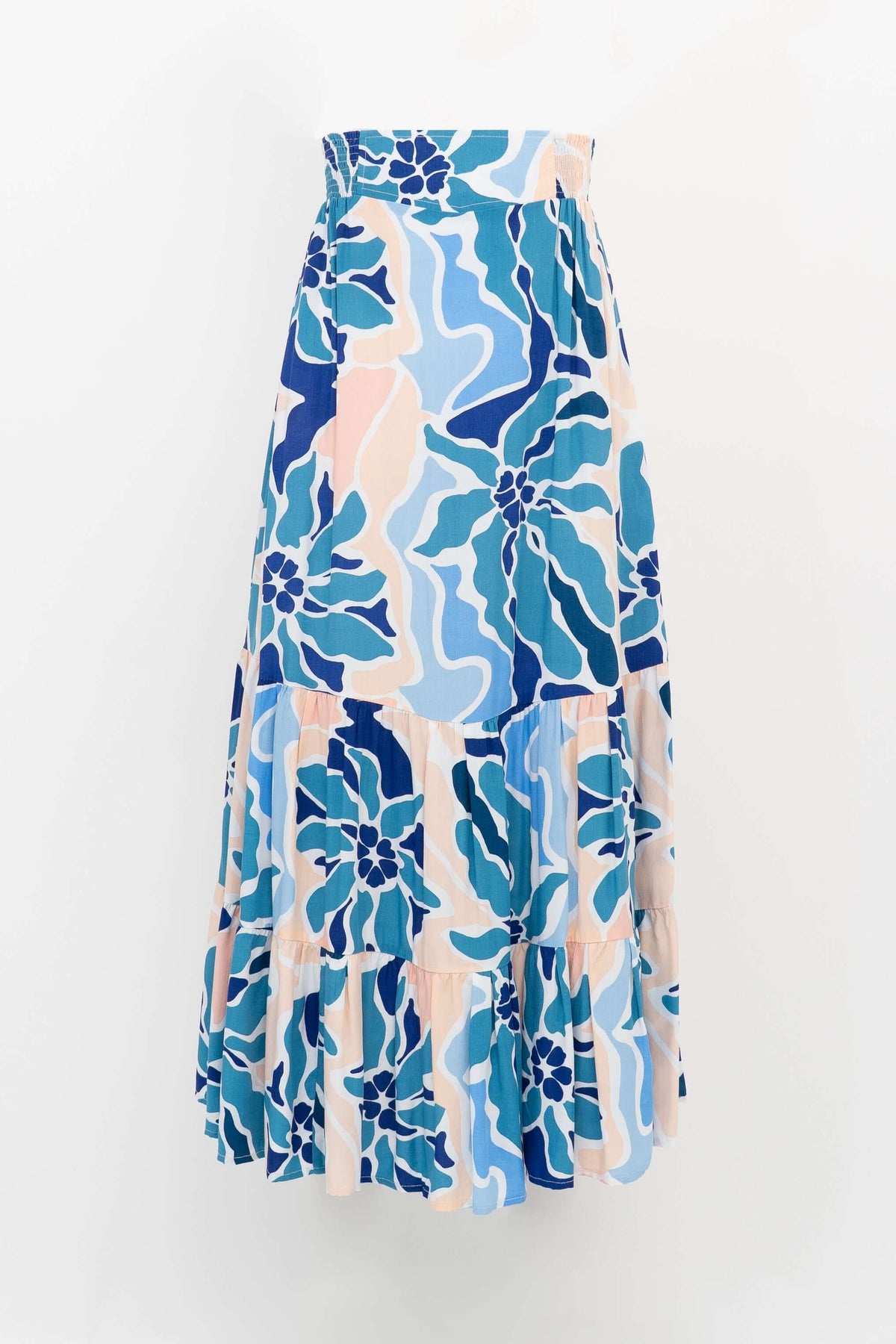 Tibby summer maxi skirt with a vibrant blue and peach floral pattern