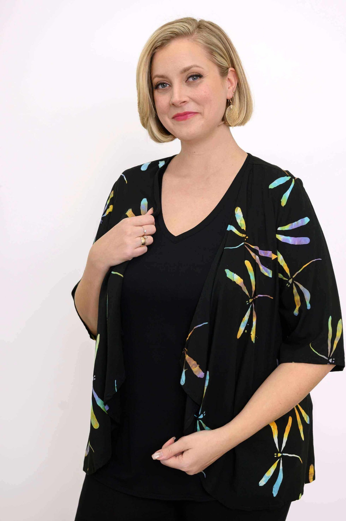 Front angled view of Toucan Dragonfly Jacket showing draped silhouette