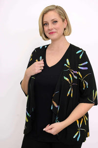 Side angle of the black Toucan Jacket showing 3/4 sleeves and unique dragonfly design