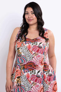Upper body close-up of floral A-line dress and sweetheart neckline