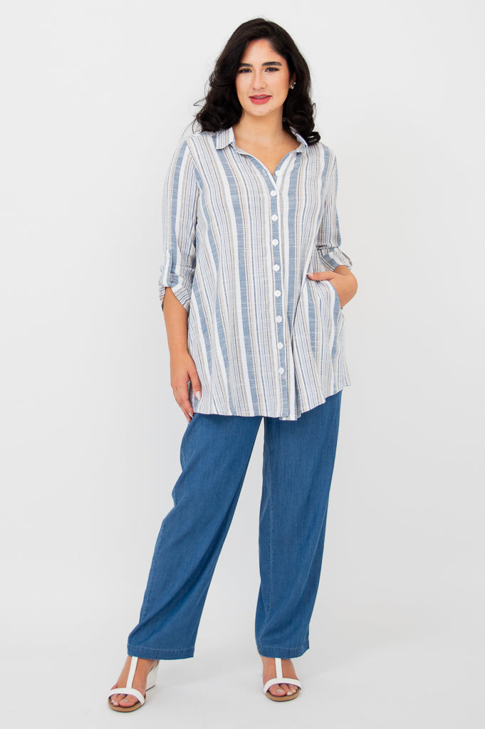 Celine Blouse, Sand Stripe, Linen Bamboo