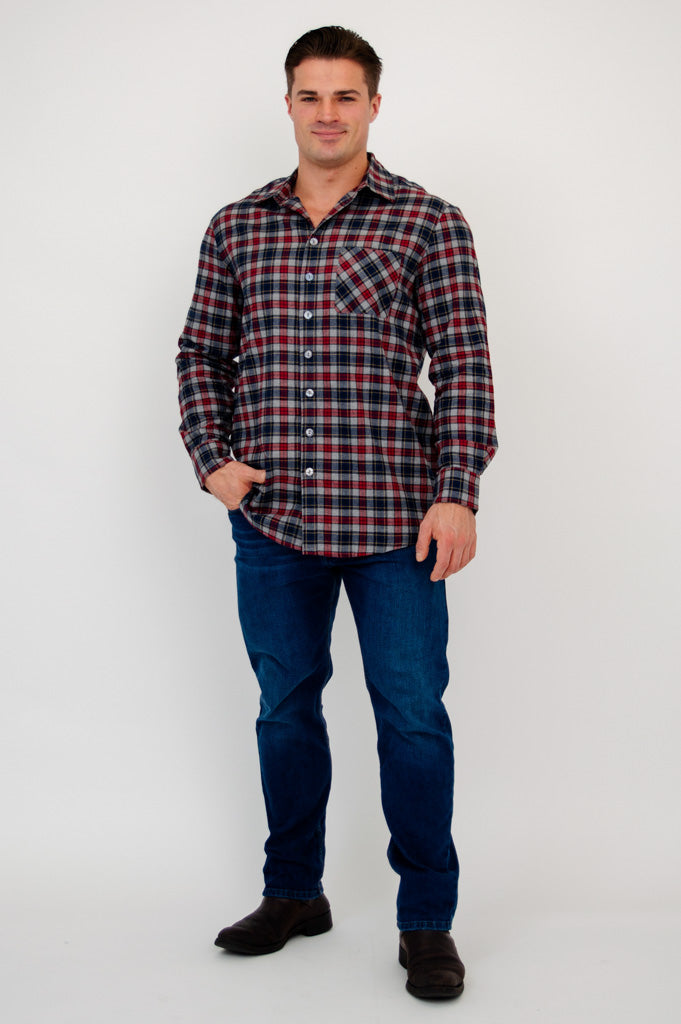 Cory Men's Shirt, Burgundy Plaid, Cotton