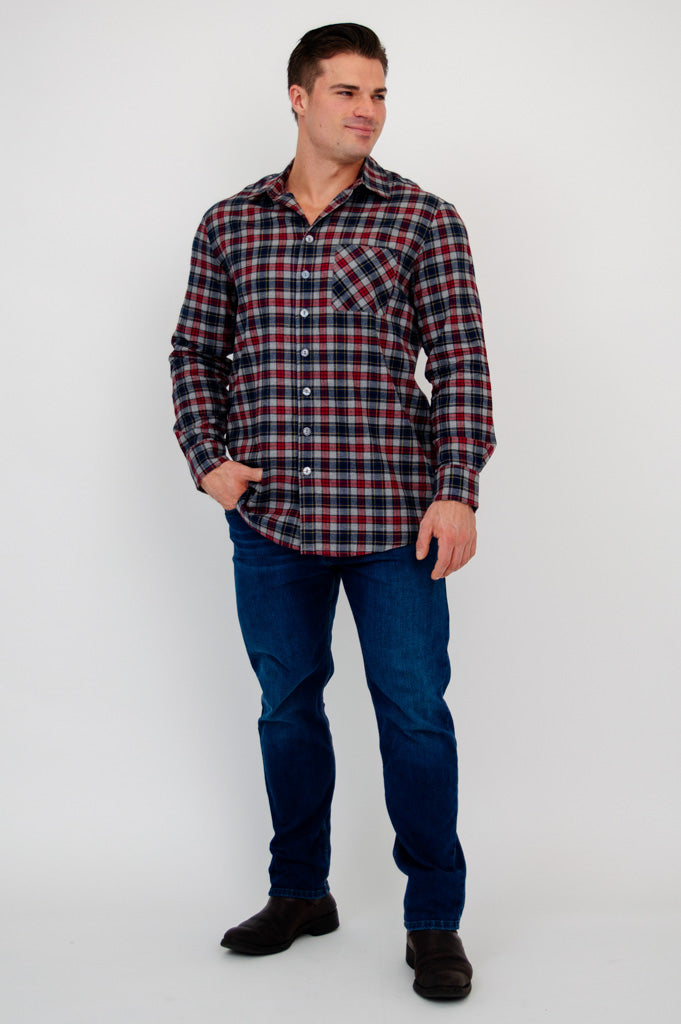 Cory Men's Shirt, Burgundy Plaid, Cotton