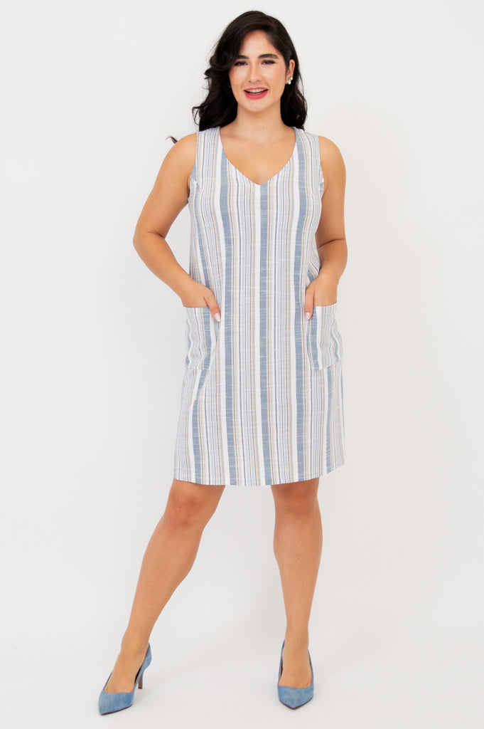 Felicia Dress, Sand Stripe, Linen Bamboo