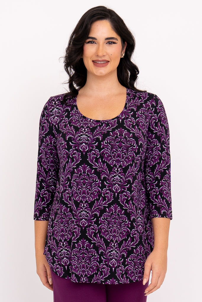 Jazz 3/4 Top, Magenta Damask, Bamboo