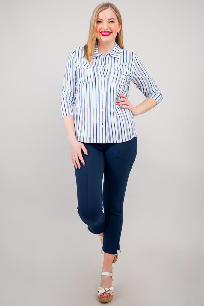Lauren Jacket, Indigo Stripe, Linen Bamboo