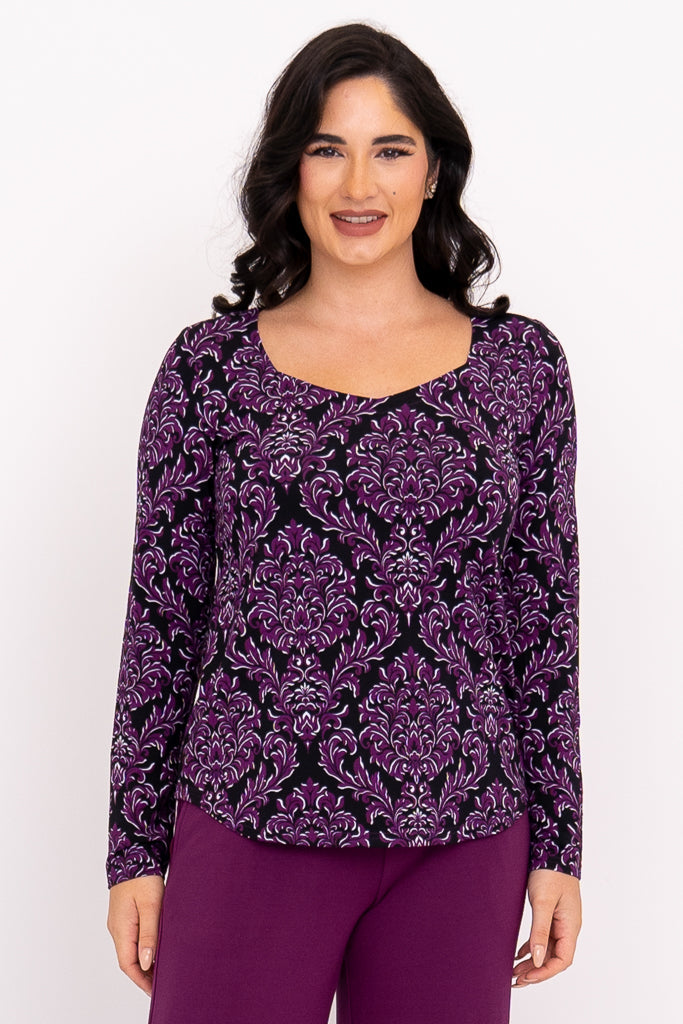 Ritzy L/S Top, Magenta Damask, Bamboo