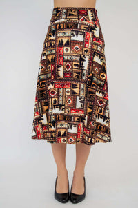 Close-up front view of the Gillian skirt's waistband and patchwork design