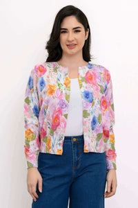 Front torso view of a woman in a watercolor floral button-up cardigan