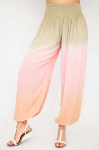 Wide-leg ombre pants with high elastic waistband in beige, pink, and peach tones
