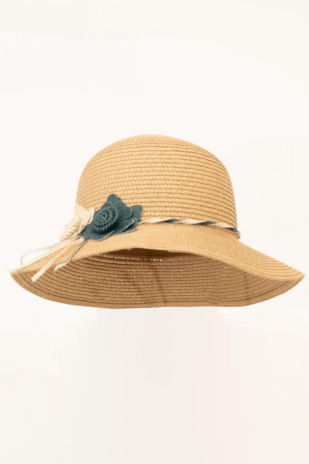 Natural straw sun hat with wide brim and blue floral accents, perfect for summer