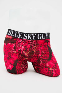 Front view of men's boxer briefs with vibrant red floral pattern and 'BLUE SKY GUY' waistband