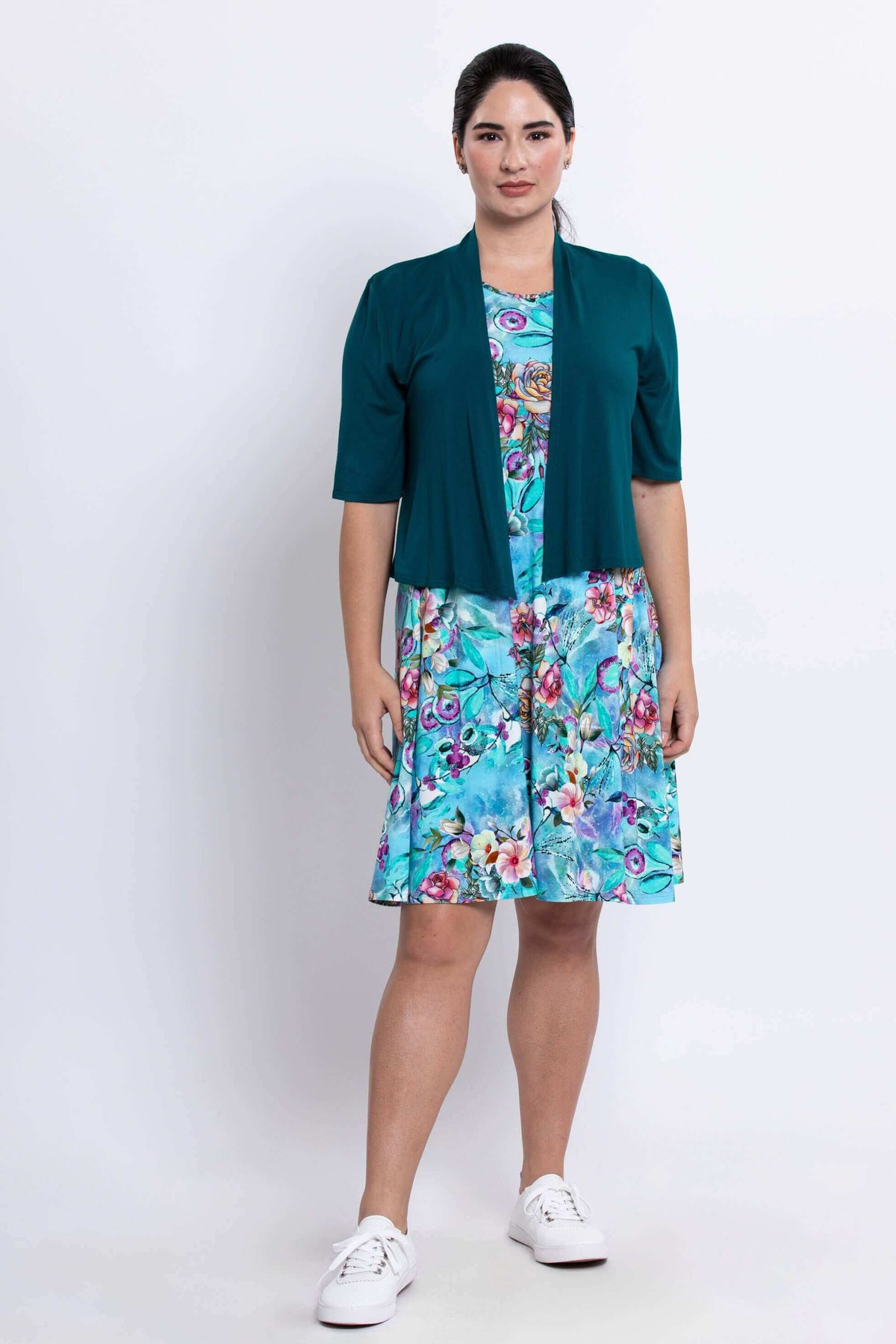 Willow Floral Aqua Dress styled with a teal short-sleeve cardigan