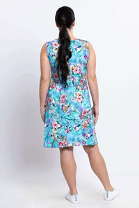 Back view of model wearing Willow Floral Aqua Dress