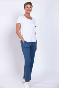Woman smiling in Marla Tencel Pants with hands in pockets