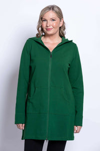 Woman wearing a green hooded zip-up jacket with front pockets, close-up view