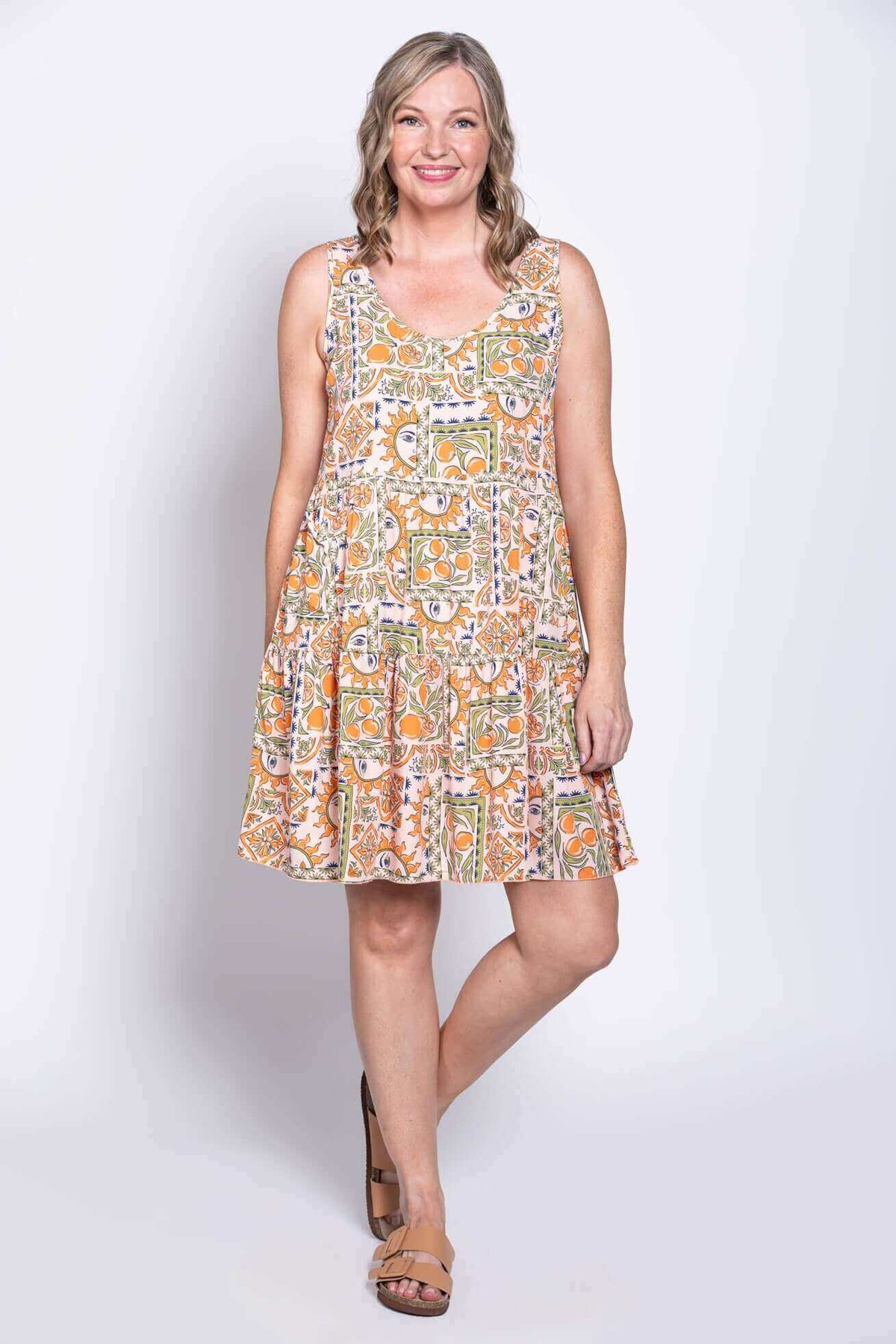 Woman modeling Kaya dress, front view with relaxed posture
