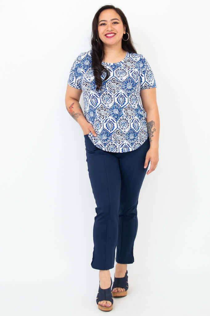 Woman standing, wearing Tessa Tee Indigo Mosaic, facing forward